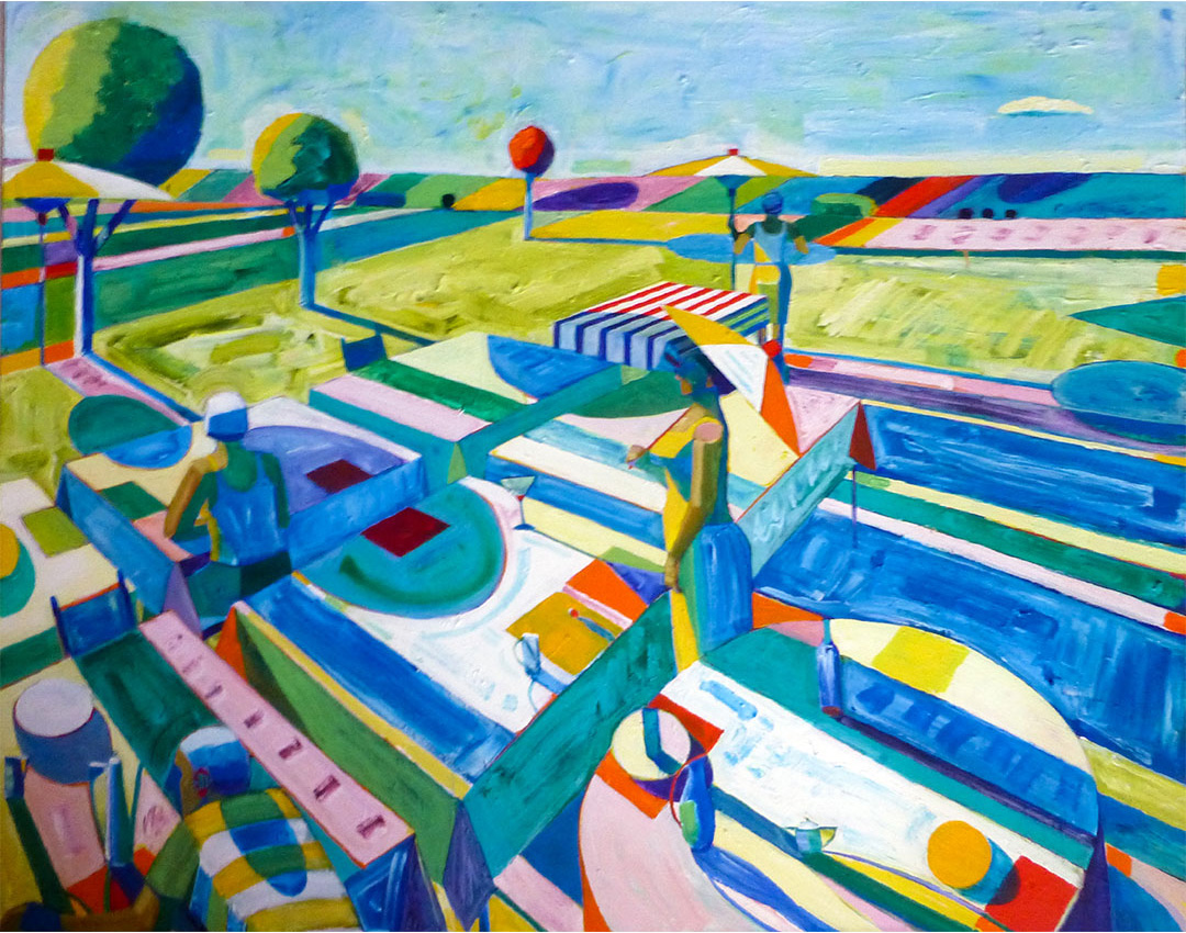 Vibrant abstract landscape with colorful geometric shapes and figures in a park setting.
