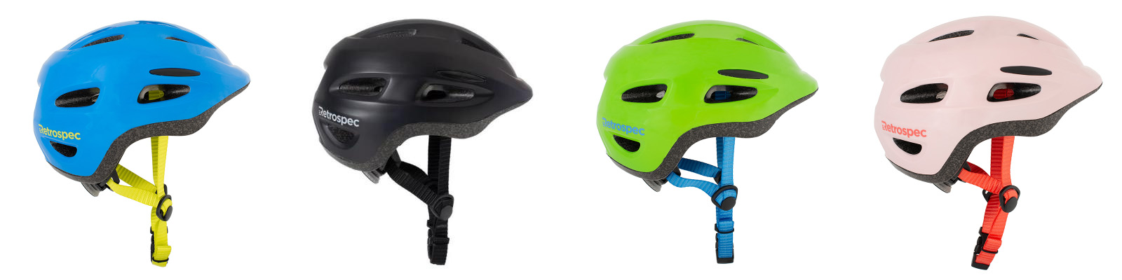 Four helmets in varying colors.