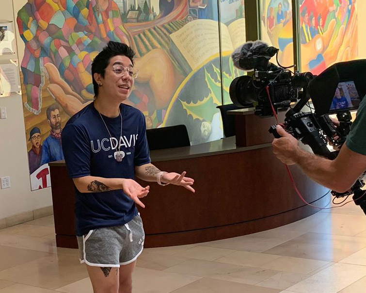 A student being filmed by the Amazon College Tour crew