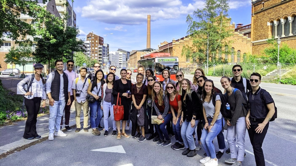 A group of students poses in front of a brick cityscape.