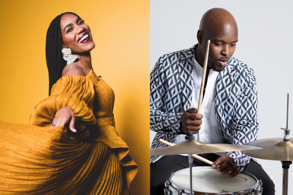 duo of photos, woman in gold background and man in gray suit