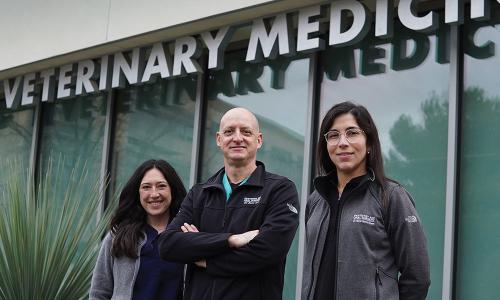Three veterinary clinic staff smiling outside glass entrance under large 'Veterinary' sign