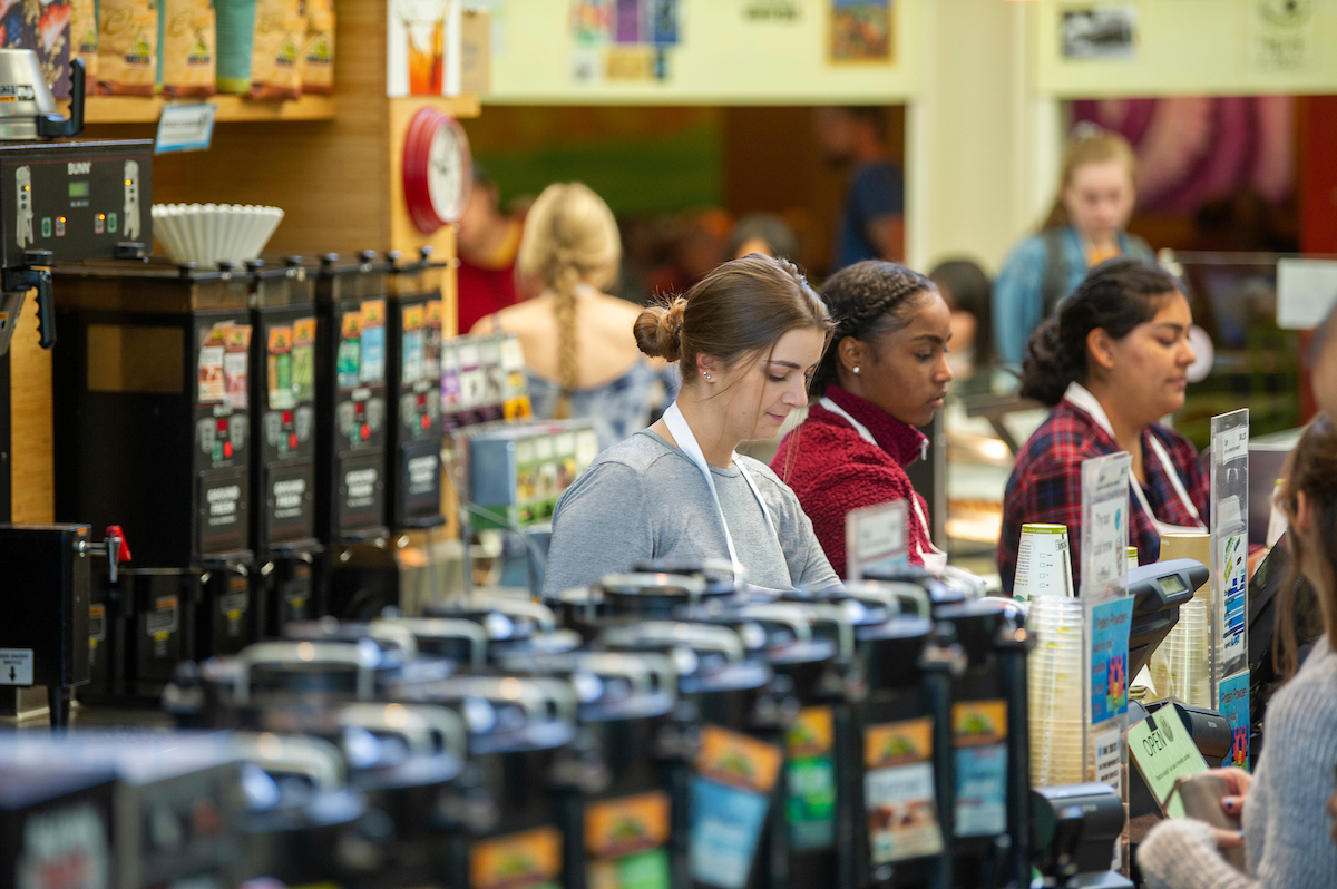 Baristas at the Swirlz coffee area of the Coffee House at UC Davis.