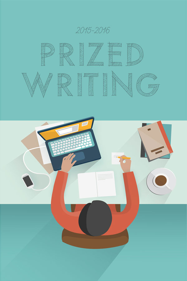 "Prized Writing" book cover, drawing of student at desk with laptop.