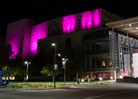 Purple lights on Mondavi Center's south wall