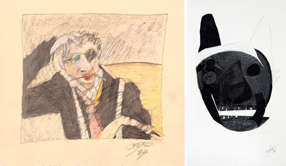 untitled, man with hand behind his head; and "Mortality Coyote Mask"