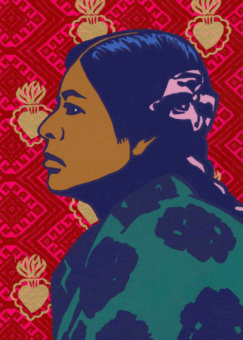 Side view of woman, red backdrop