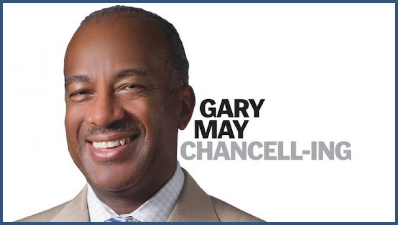 Chancell-ing logo and photo of Chancellor Gary S. May