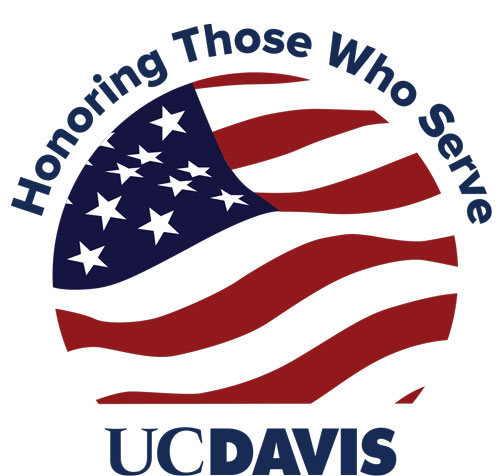 waving U.S. flag with wording, "Honoring Those Who Serve" and the UC Davis wordmark