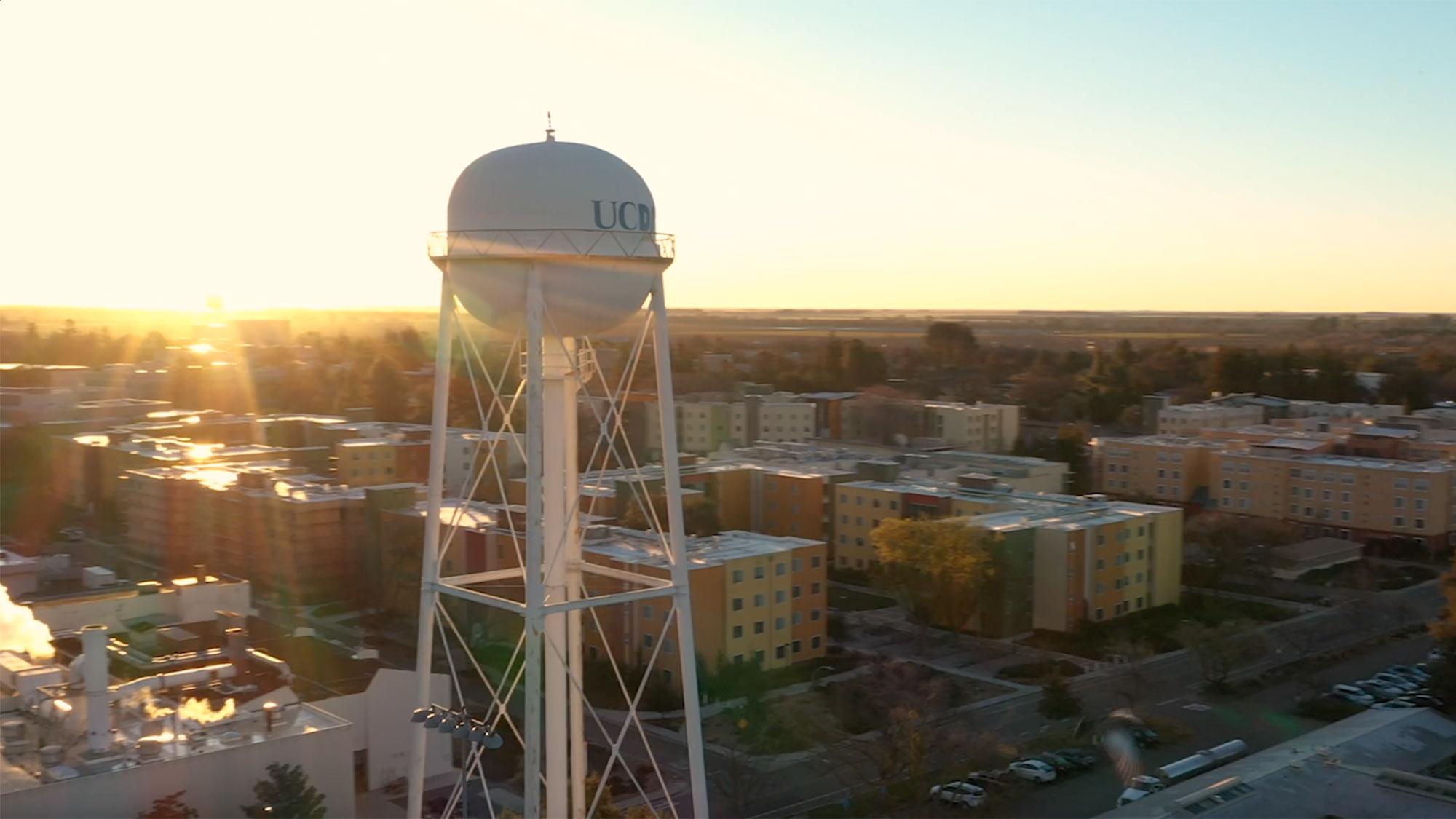 An aerial view of the UC Davis Water Tower