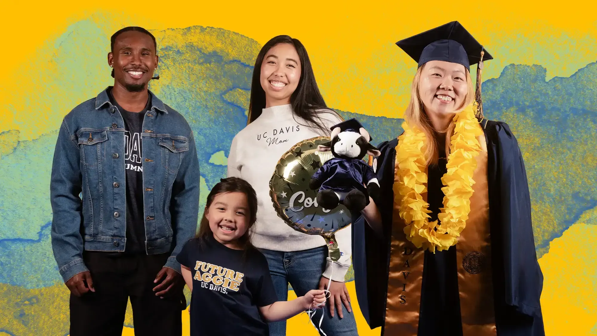 Smiling diverse group: man, child, woman holding balloon, graduate wearing cap and gold lei