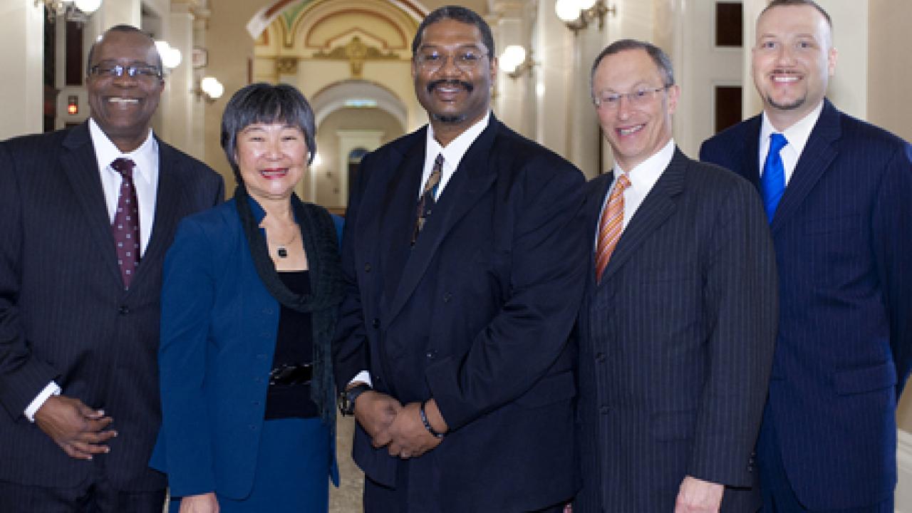 Photo: E. Dotson Wilson, chief clerk of the Assembly; Yamada; Barnes; Hexter; and Brian Ebbert, assistant chief clerk of the Assembly.
 