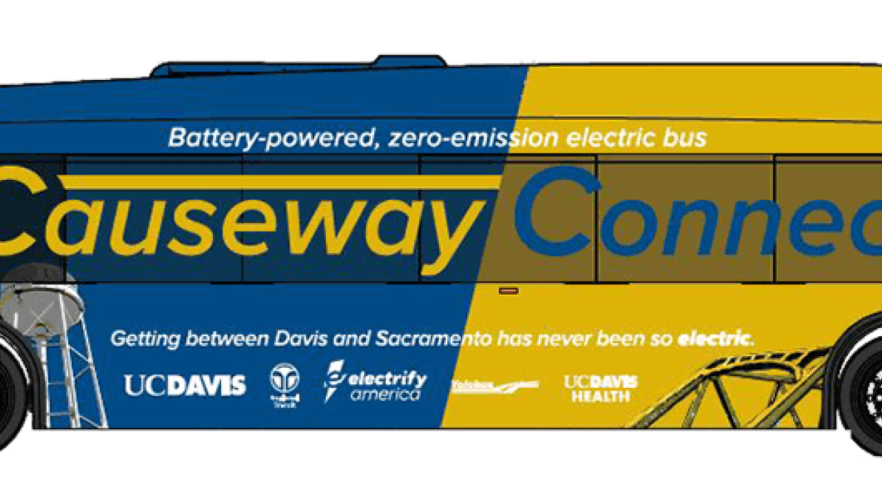 Rendering of blue-and-gold Causeway Connection bus.
