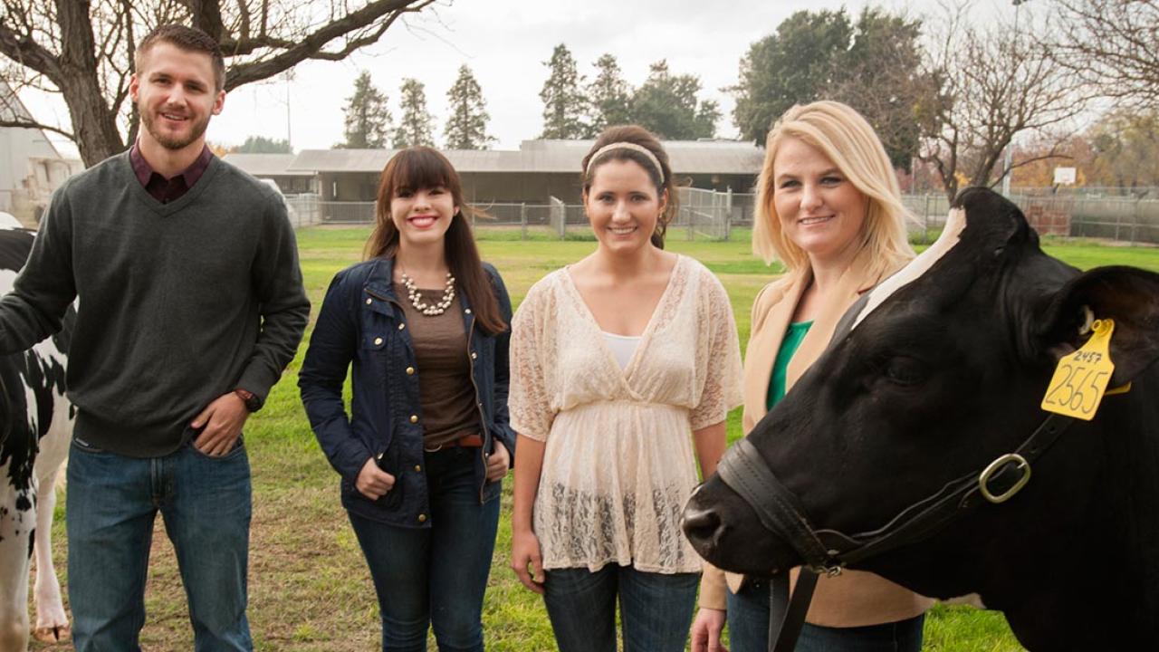 Photo: a male and three femal students standing in a field with two cows