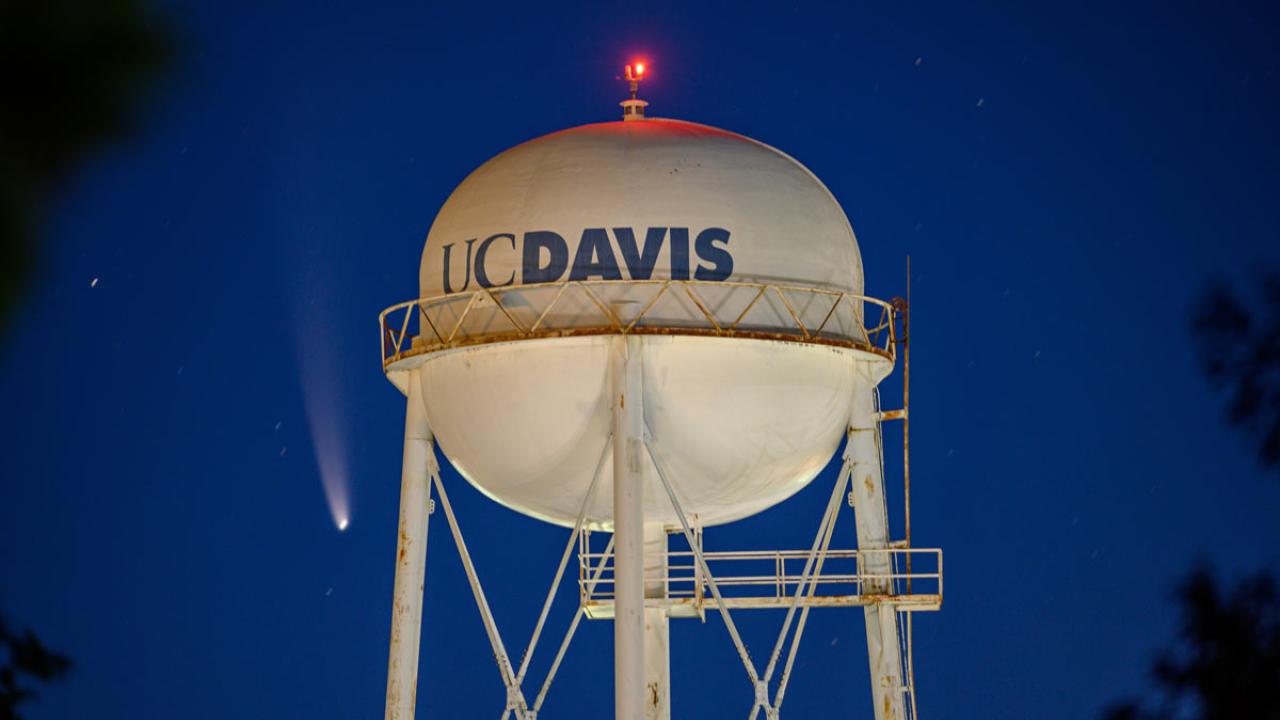 Comet NEOWISE pictured in frame with secondary UC Davis water tower.