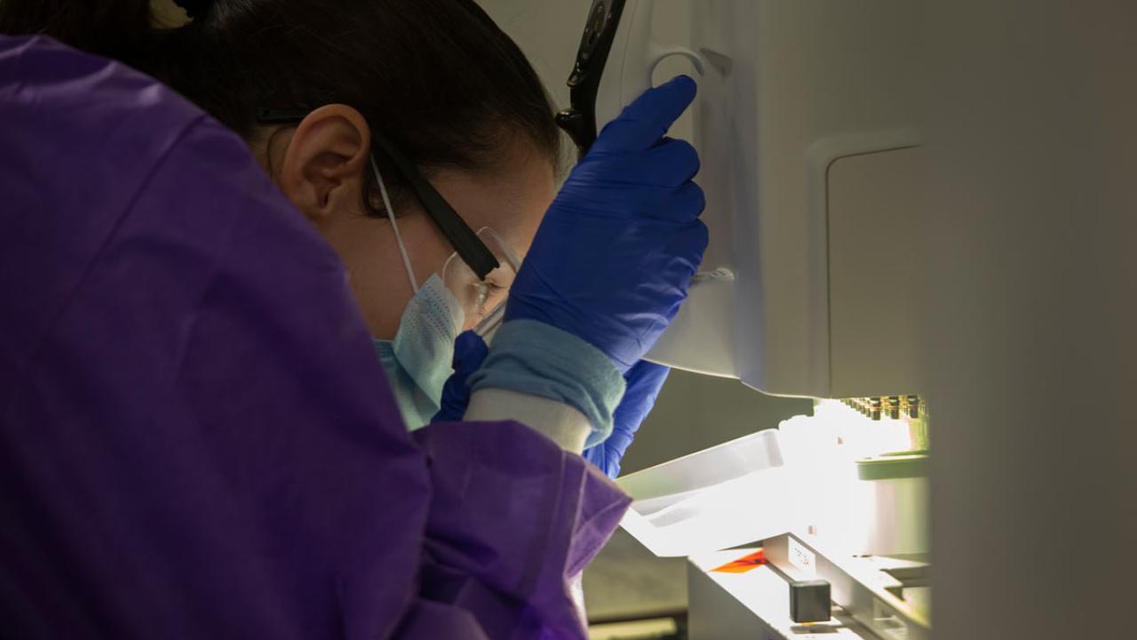 Woman works with pipettes in lab.