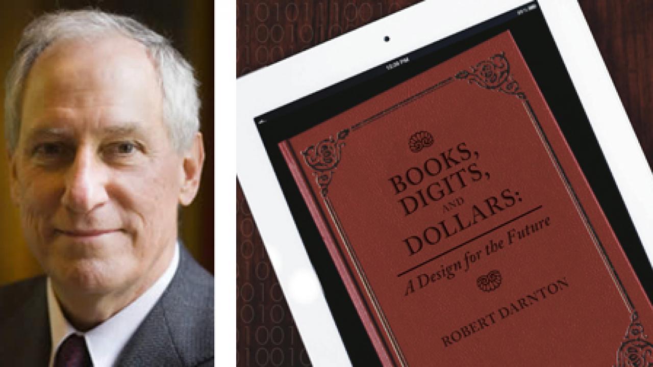 Photos (2): Darnton; and lecture title, on a book, on an iPhone