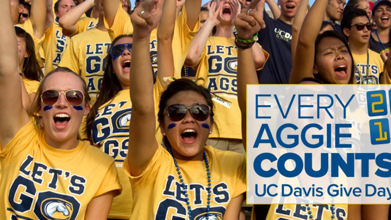 Atheltics event cheering section in "Every Aggie Counts" graphic.
