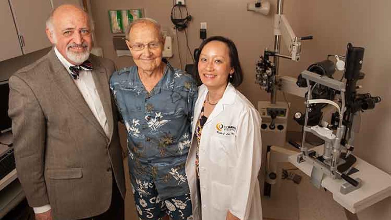 Photo: Donor Ernest Tschannen, with Mark Mannis and Michele Lim at the UC Davis Eye Center