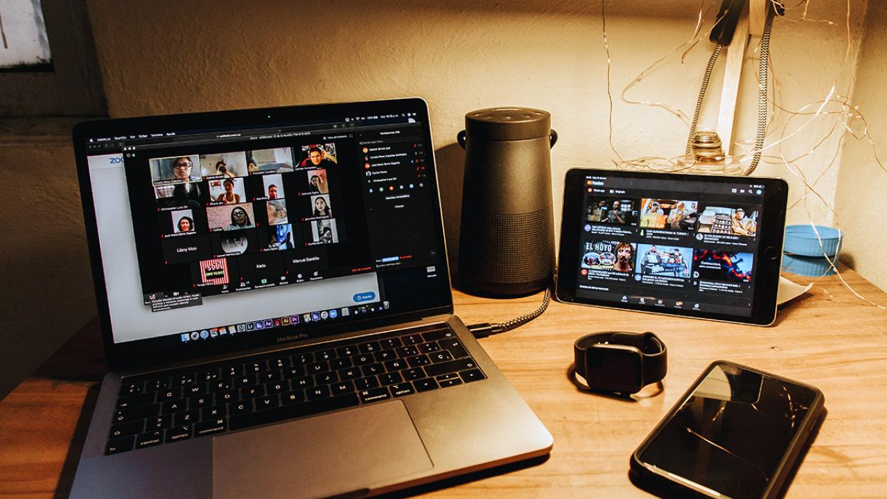 Laptop with Zoom video chat.