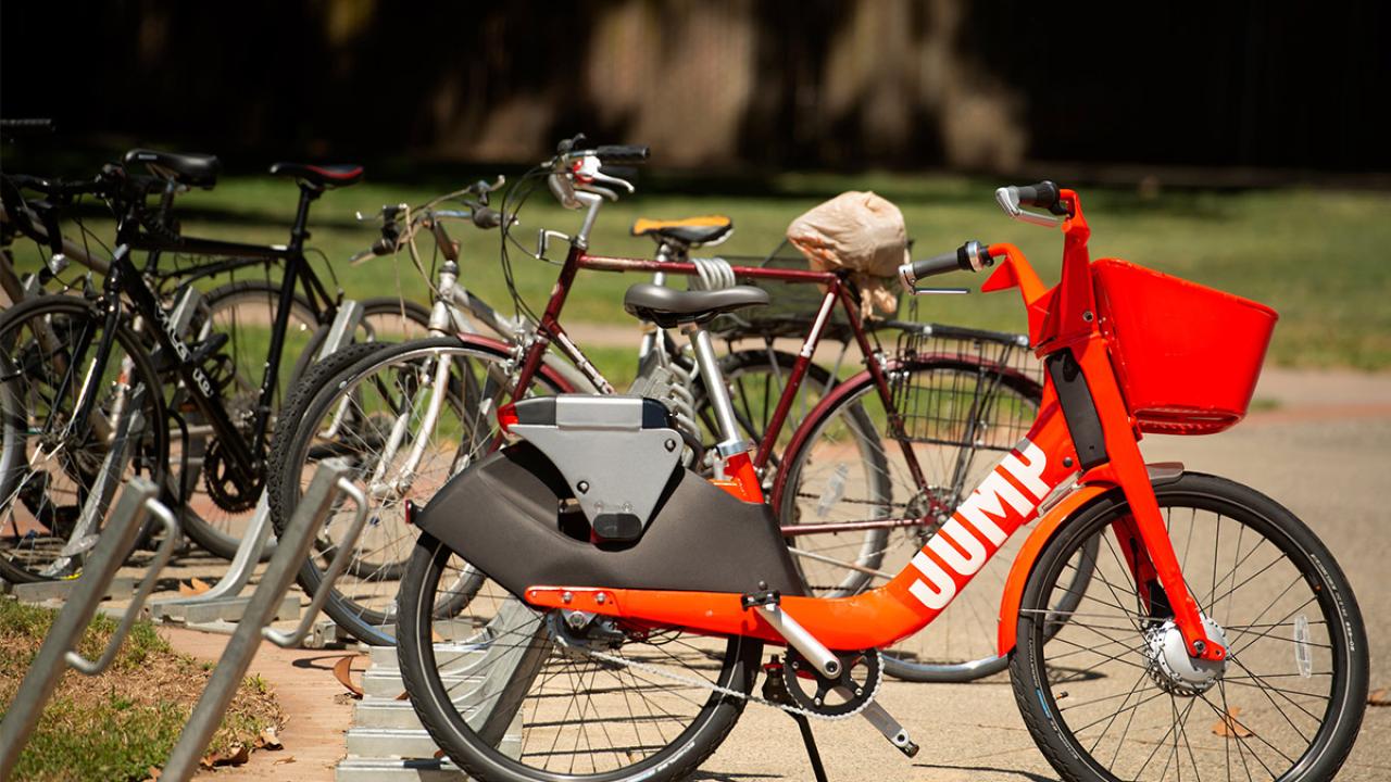 A JUMP Bike parked at UC Davis.