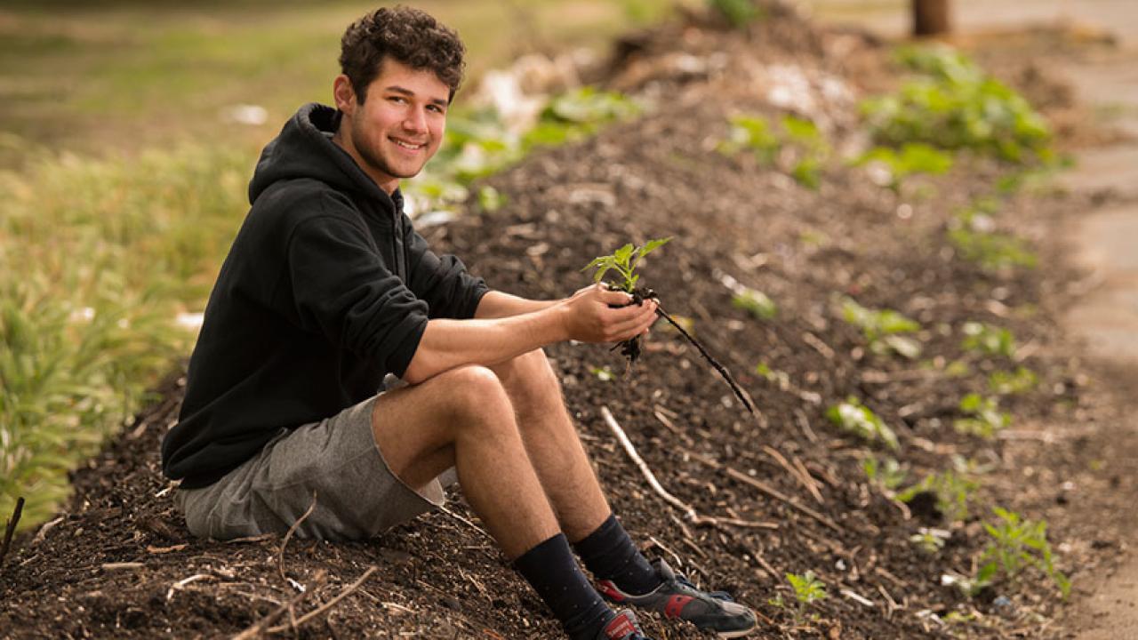 A male student sits on a compost pile.