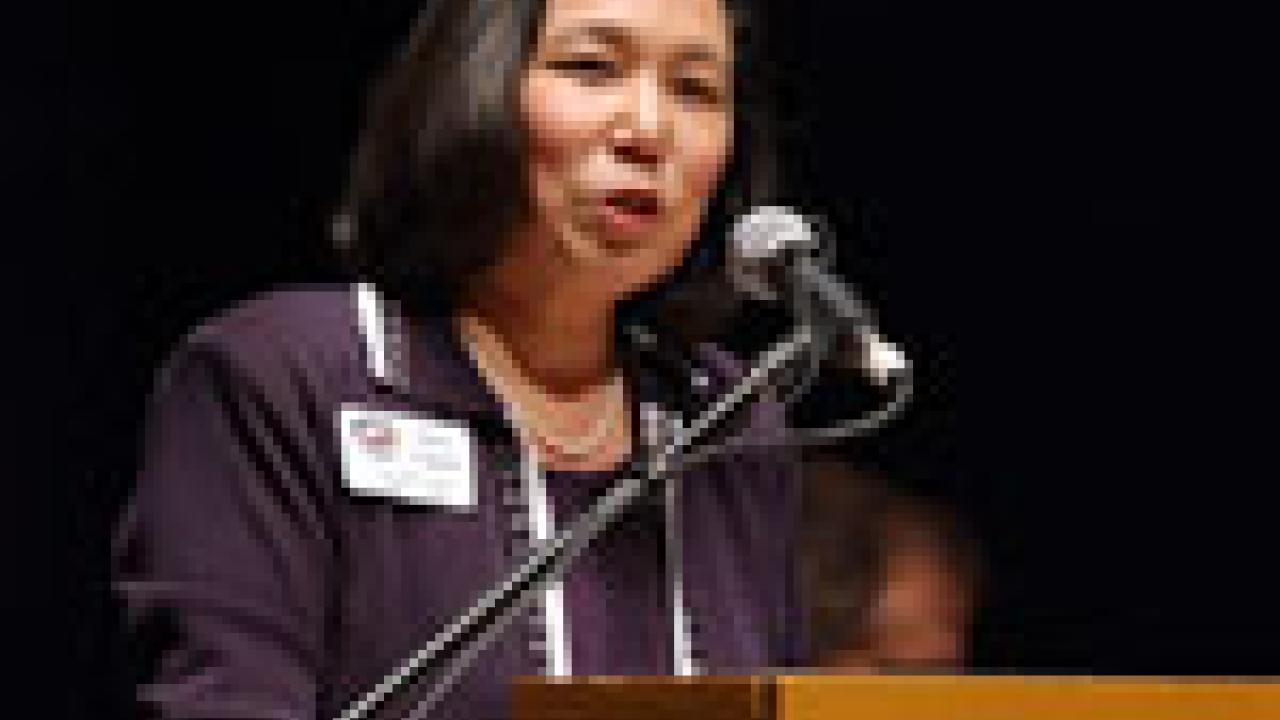 Vice Chancellor for student affairs Judy Sakaki emcees the Fall Convocation. 