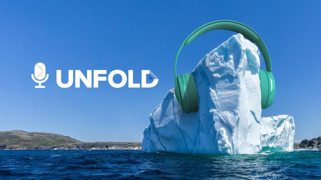 Illustrated photo depicts an iceberg at sea wearing giant headphones.