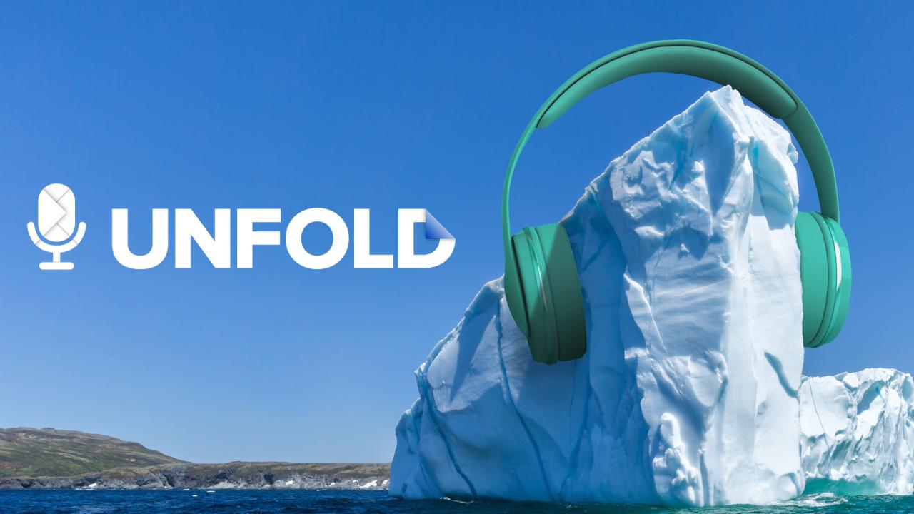 Illustrated photo depicts an iceberg at sea wearing giant headphones.