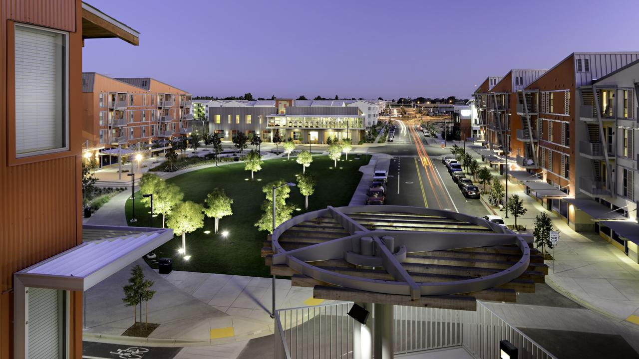 A view of West Village across the village green