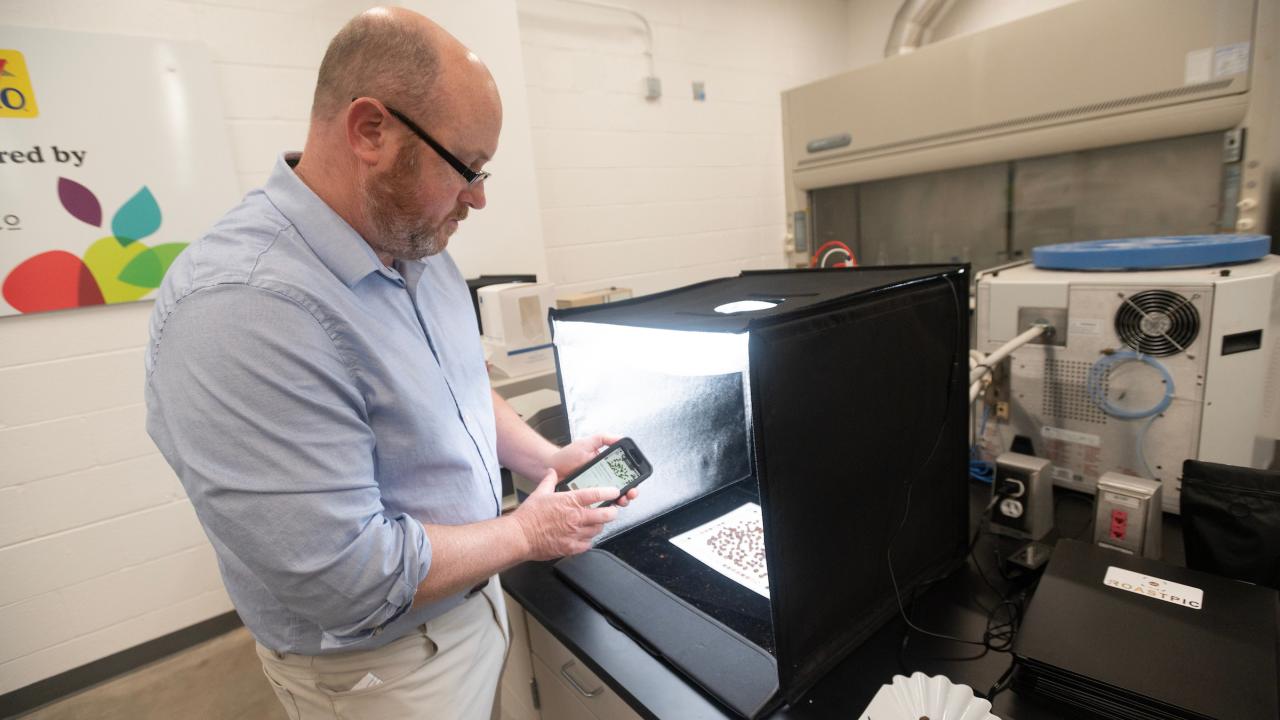 Bearded man using an app to take images of coffee beans inside a lab imaging device