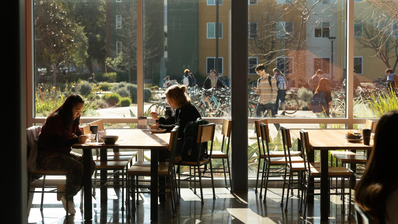 Students studying at sunlit tables by large windows overlooking a busy campus quad