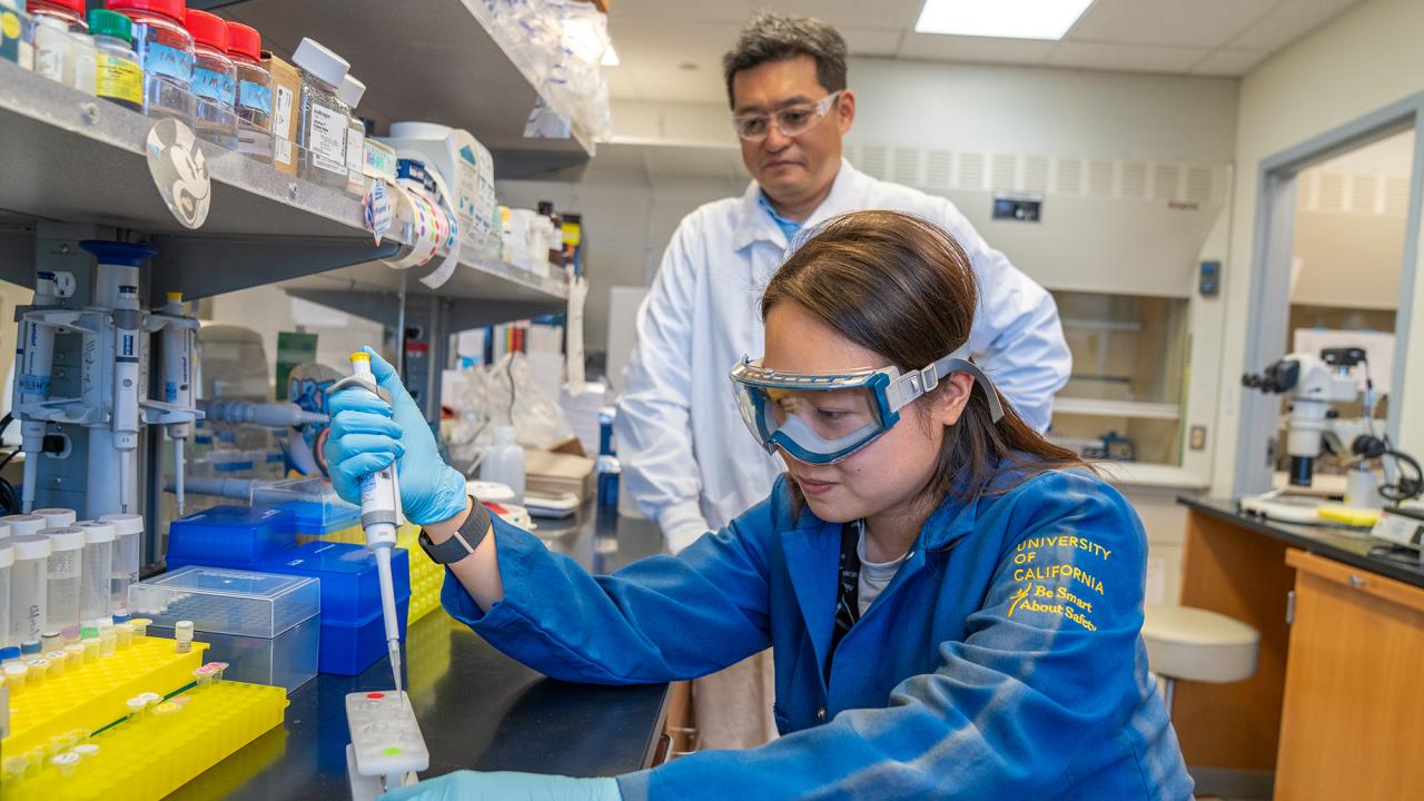 Two scientists in lab: woman pipetting while man observes, wearing goggles and gloves.