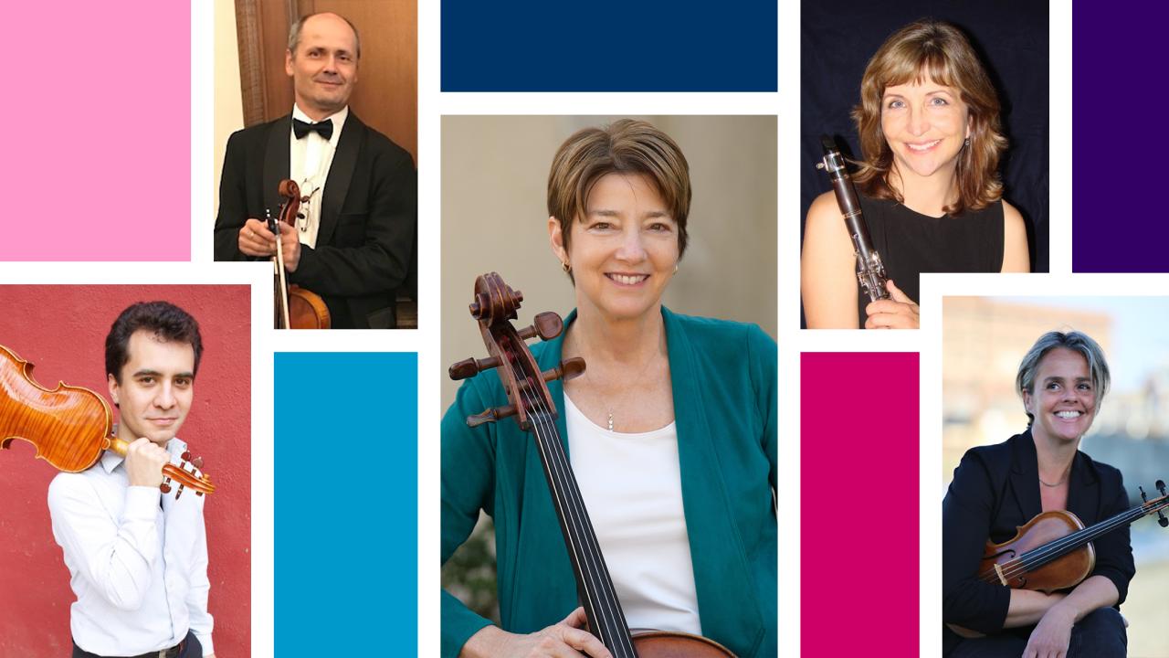 Collage of five photos: smiling string musicians with violin and cello, colorful panels