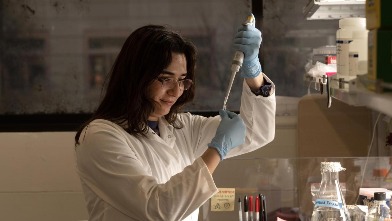 A lab technician uses a pipette, wearing gloves, in a well-lit laboratory.
