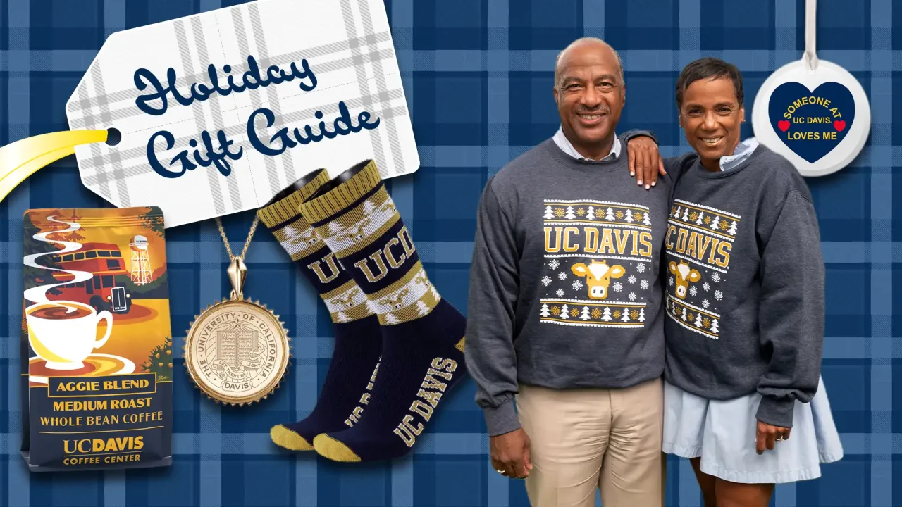 a formatted image against an Aggie Blue background designed to look like a Christmas gift features images of holiday merchandise, including bags of coffee and holiday socks. Chancellor Gary S. May and LeShelle May stand next to each other wearing holiday themed UC Davis sweatshirts.