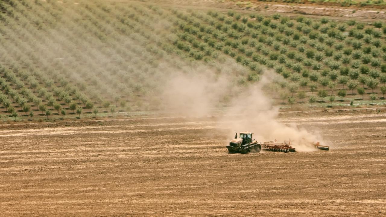Aerial view of a tractor pulling a plough across a fallowed farm field next to almond orchards in the Central Valley. Valley fever is spreading across the arid west as climate change creates the ideal conditions for the fungus to spread. (Getty)
