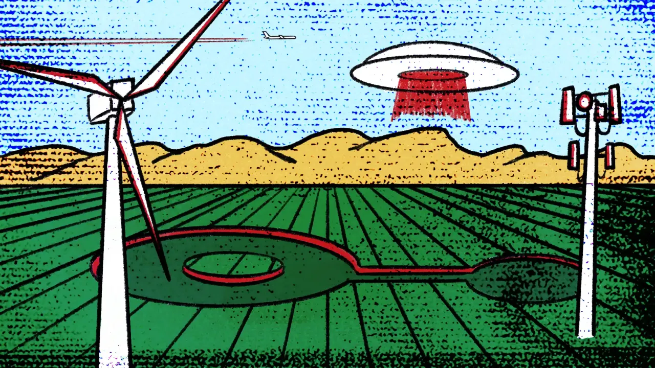 Stylized illustration of wind turbine, cell tower, UFO, crop circles and a plane with contrails