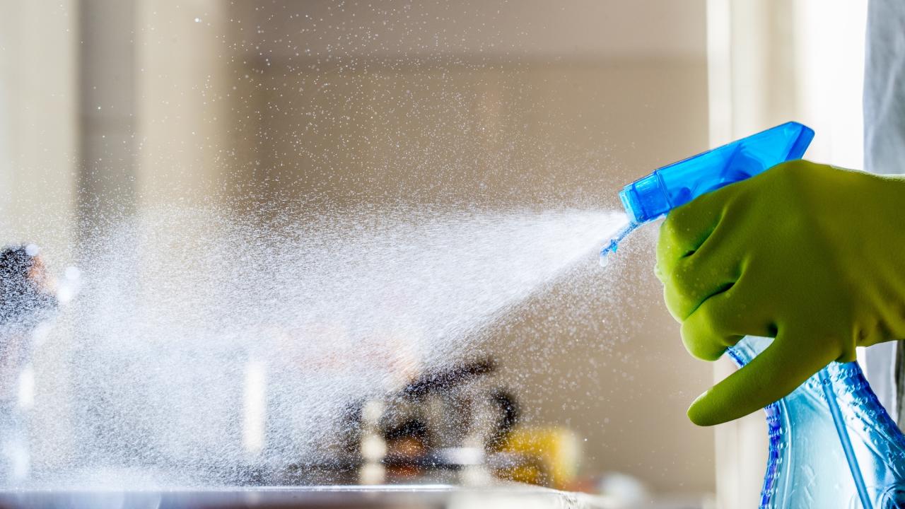 A gloved hand sprays cleaning solution, creating a mist in a bright kitchen setting. Researchers at UC Davis found in a mouse study that chemicals commonly found in disinfectant sprays may be more harmful than once thought. (Getty)