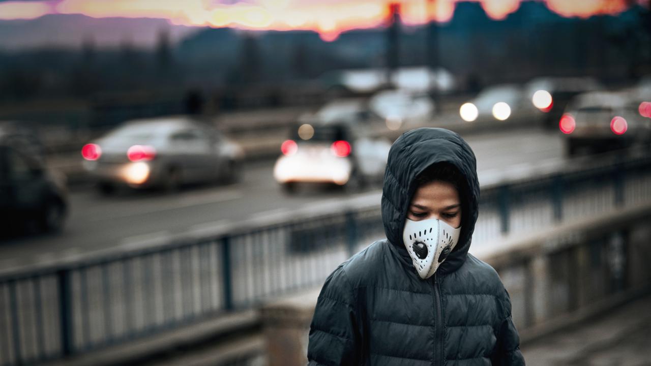 child on bridge over freeway traffic 