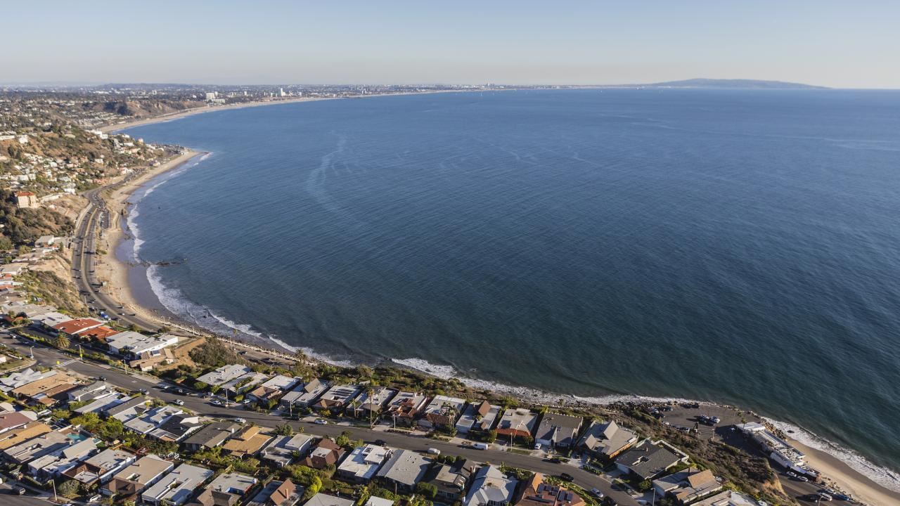Aerial view of Santa Monica homes and Pacific Ocean