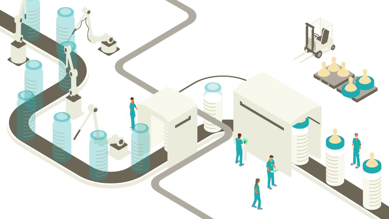 illustration of factory machines pouring liquid into large baby bottles