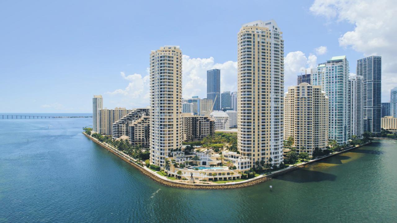 Miami skyline. Blue sky and gray cityscape