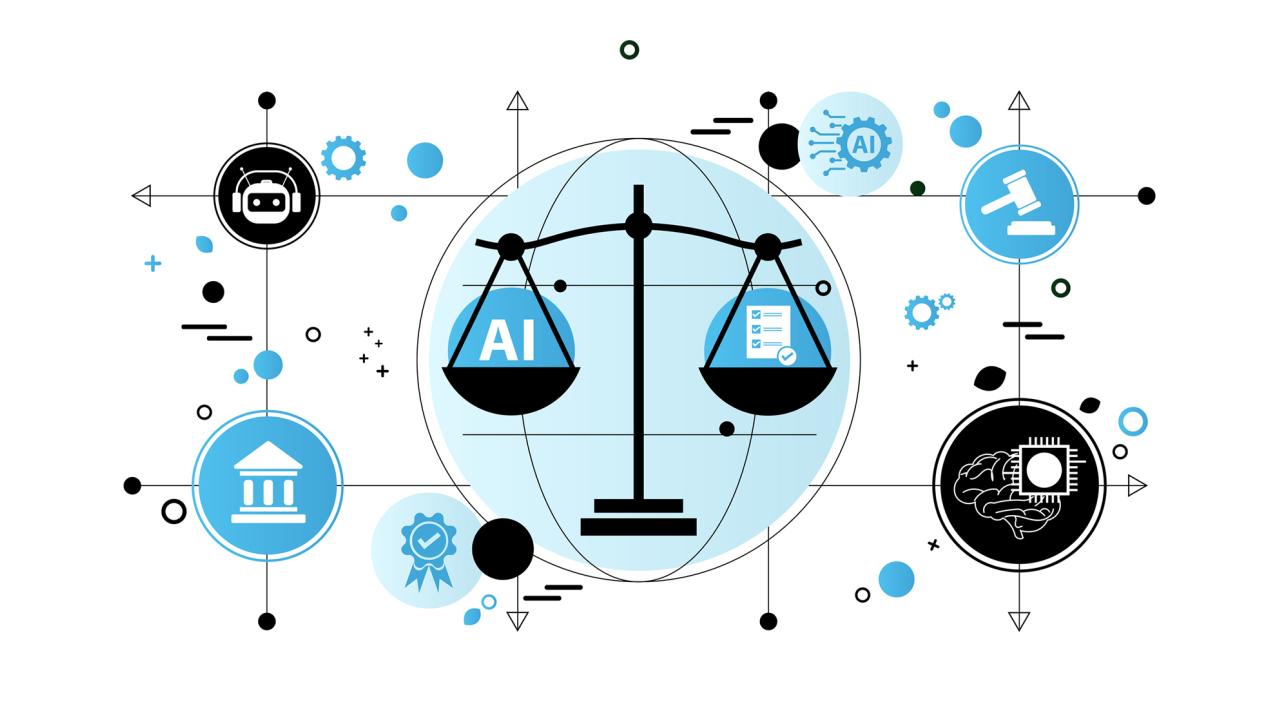 Graphic depicting fairness in AI systems. Center of the image is a scale of justice. 