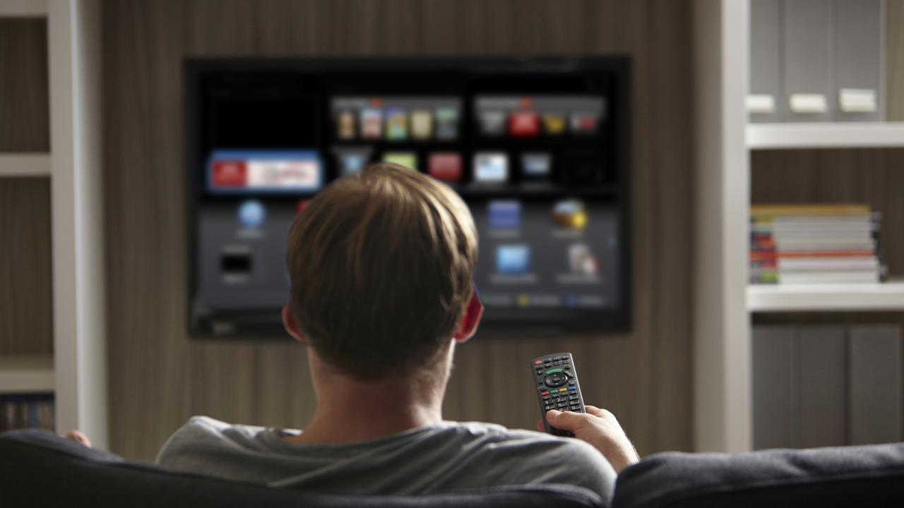 The back of a person's head is seen in front of a TV screen with icons on it. 