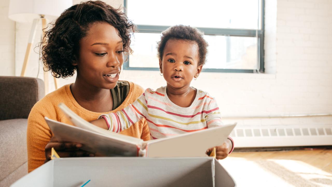 Woman reading a book to small child