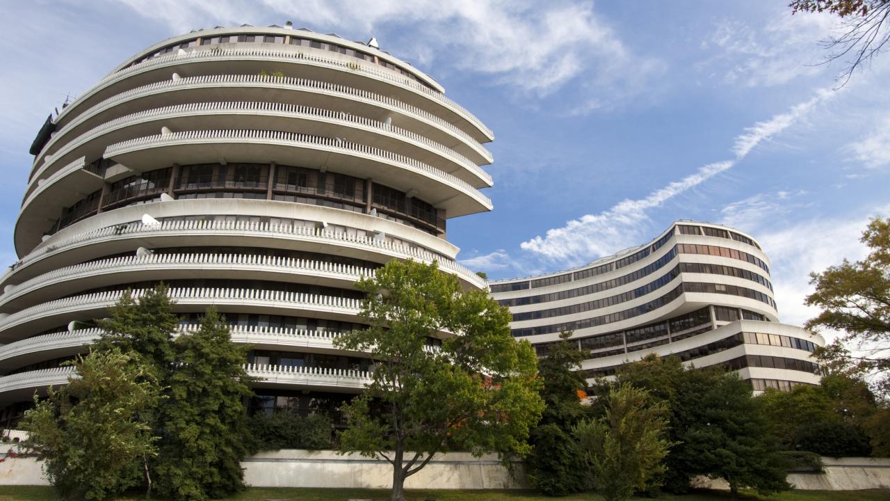 Circular buildings with blue sky in background