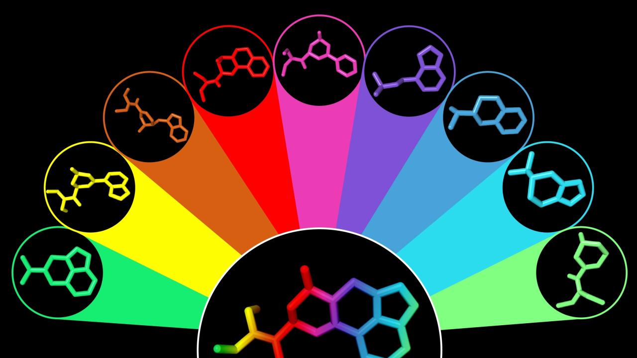 Graphic: rainbow fan of circular molecule icons around a central molecule on black semicircle