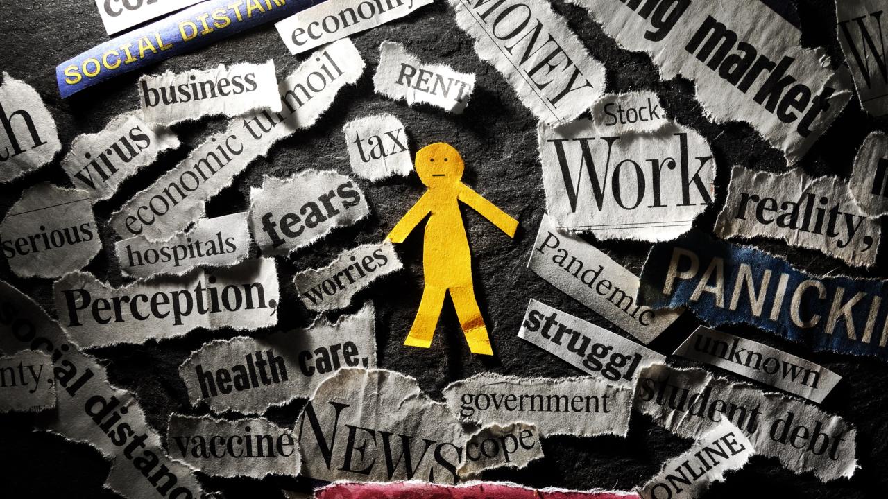 Media headlines about COVID in an illustration