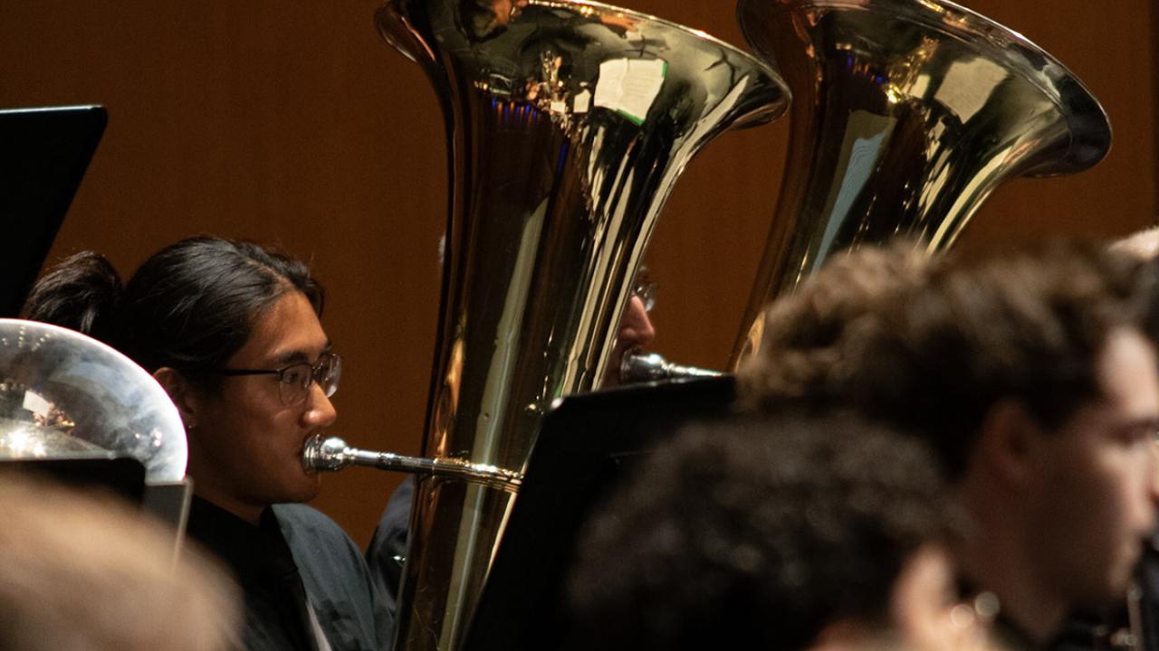 Band members of UC Davis Concert Band with instruments